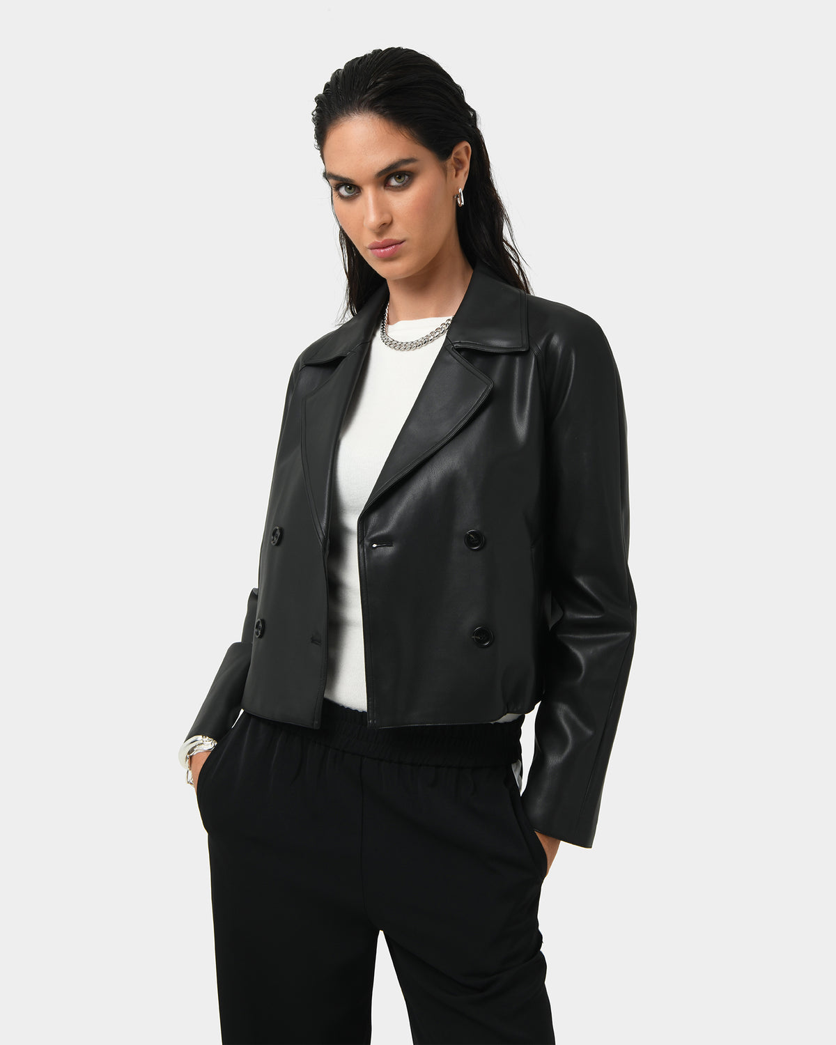 Kim Cropped PU Leather Jacket in black — close-up view