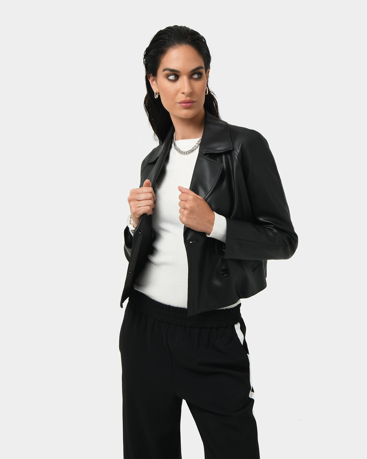 Kim Cropped PU Leather Jacket in black — close-up view 2
