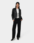 Kim Cropped PU Leather Jacket in black — full-length view
