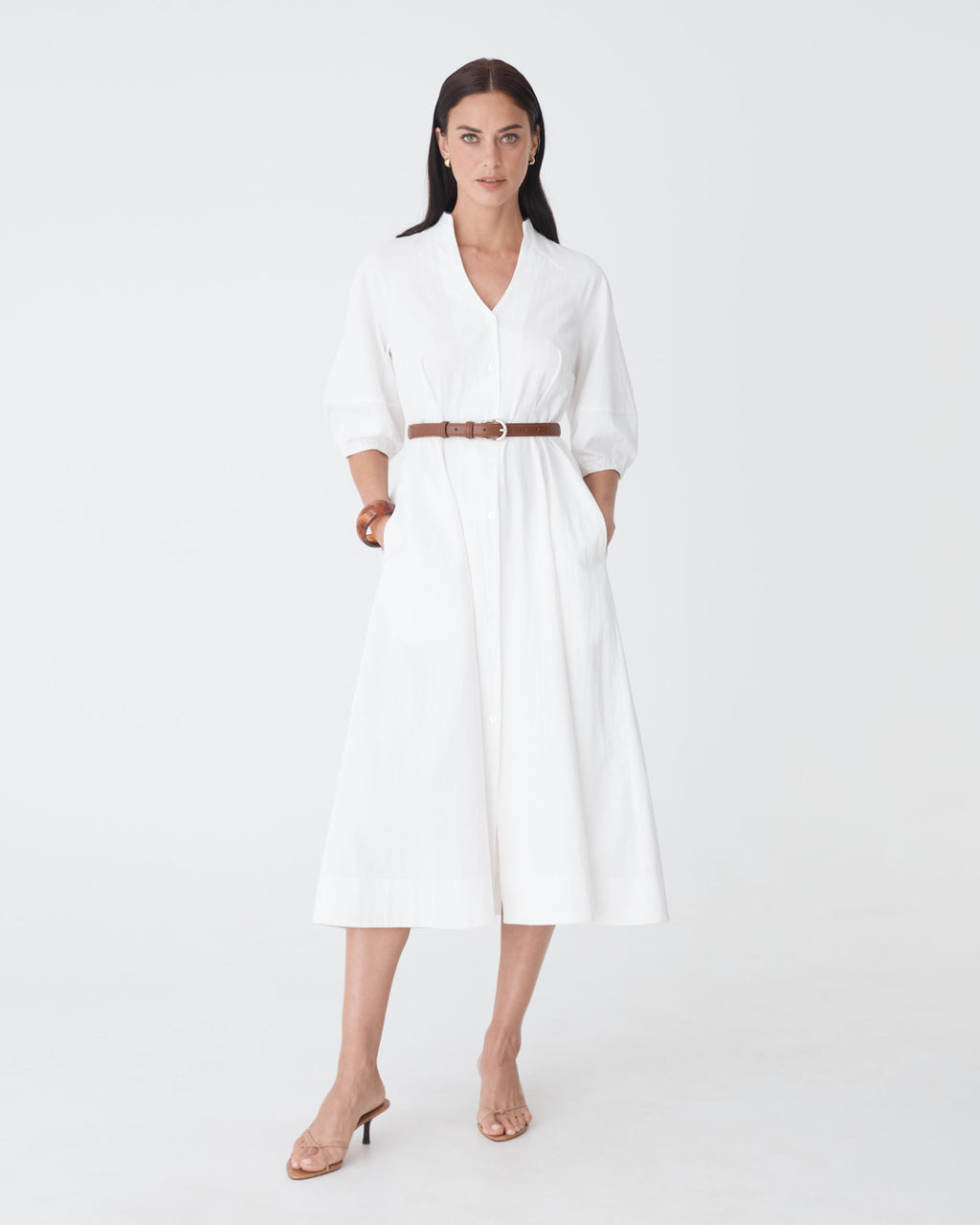Alma Leather Belt in dark tan gold — full-length view