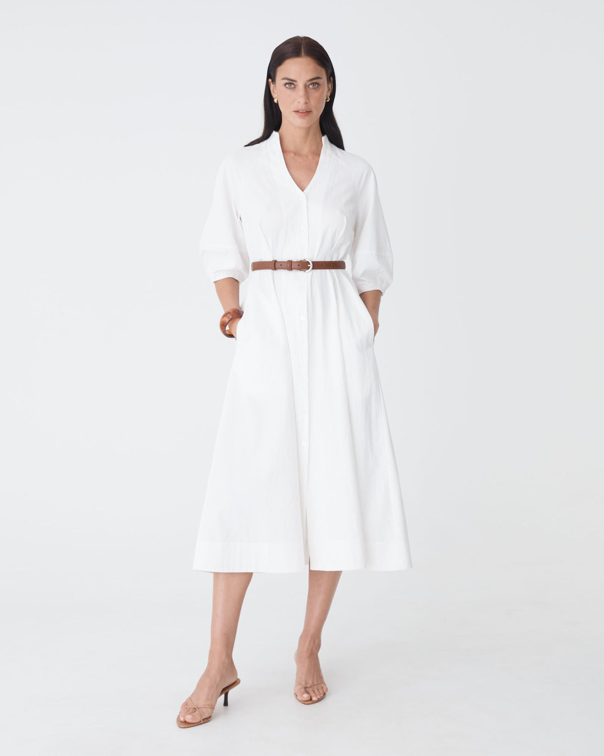 Alma Leather Belt in dark tan gold — full-length view