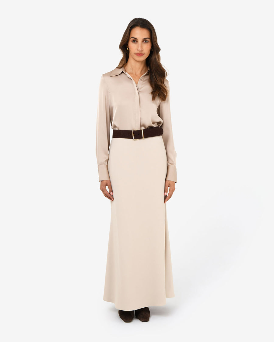 Amalie Suede Belt in brown — full-length view
