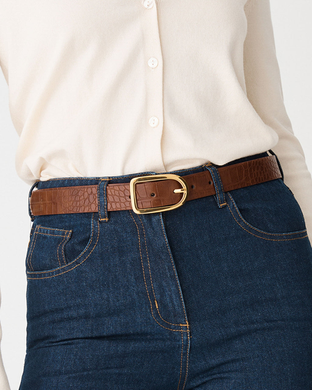 Geneva Croc Belt in chocolate — fabric detail