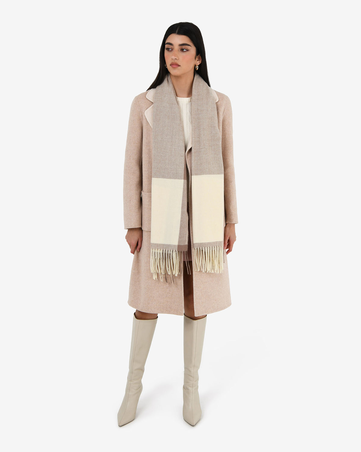 Ashley Fringe Scarf in khaki beige — full-length view
