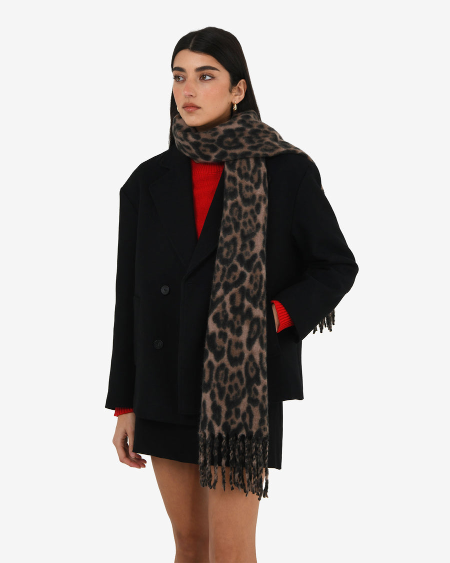 Leo Leopard Print Scarf in leopard print taupe — close-up view