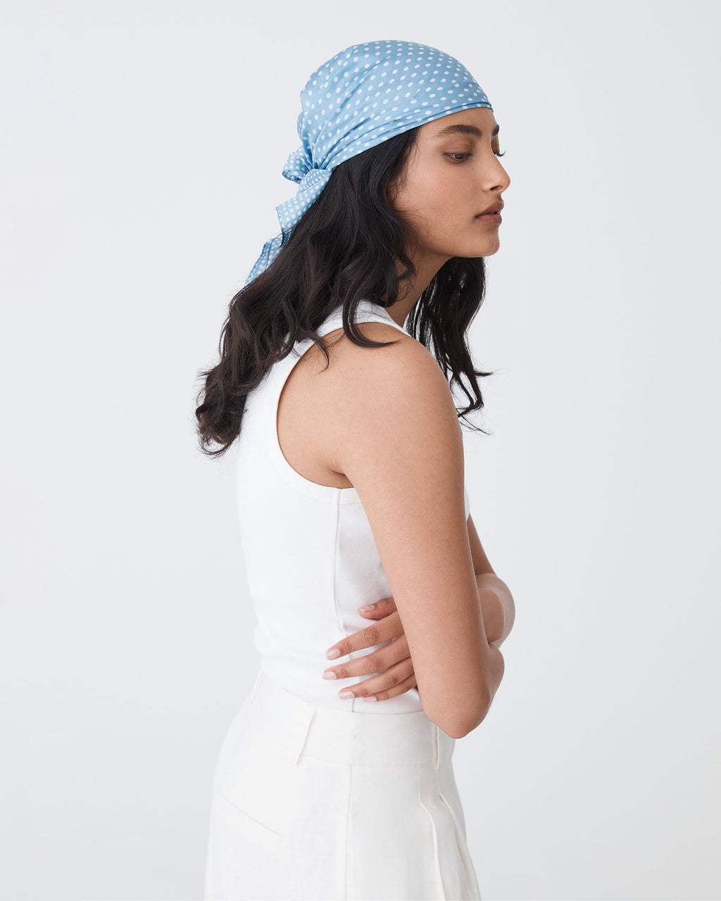 Mila Satin Scarf in blue — side view