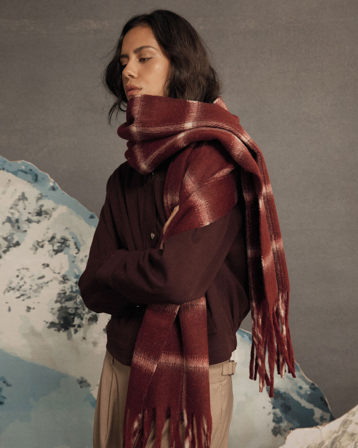 Barossa Check Scarf in dark ruby — close-up view
