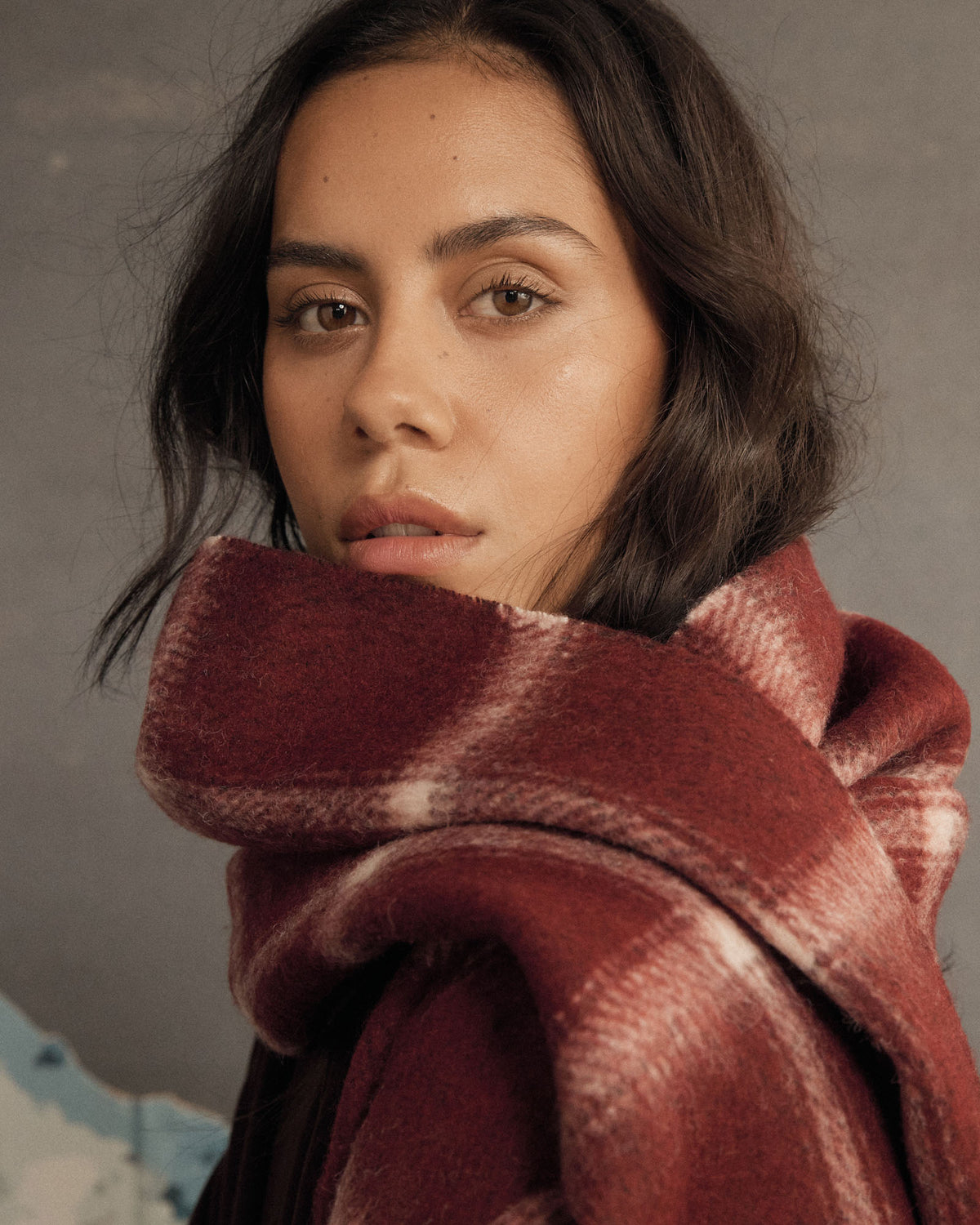 Barossa Check Scarf in dark ruby — fabric detail
