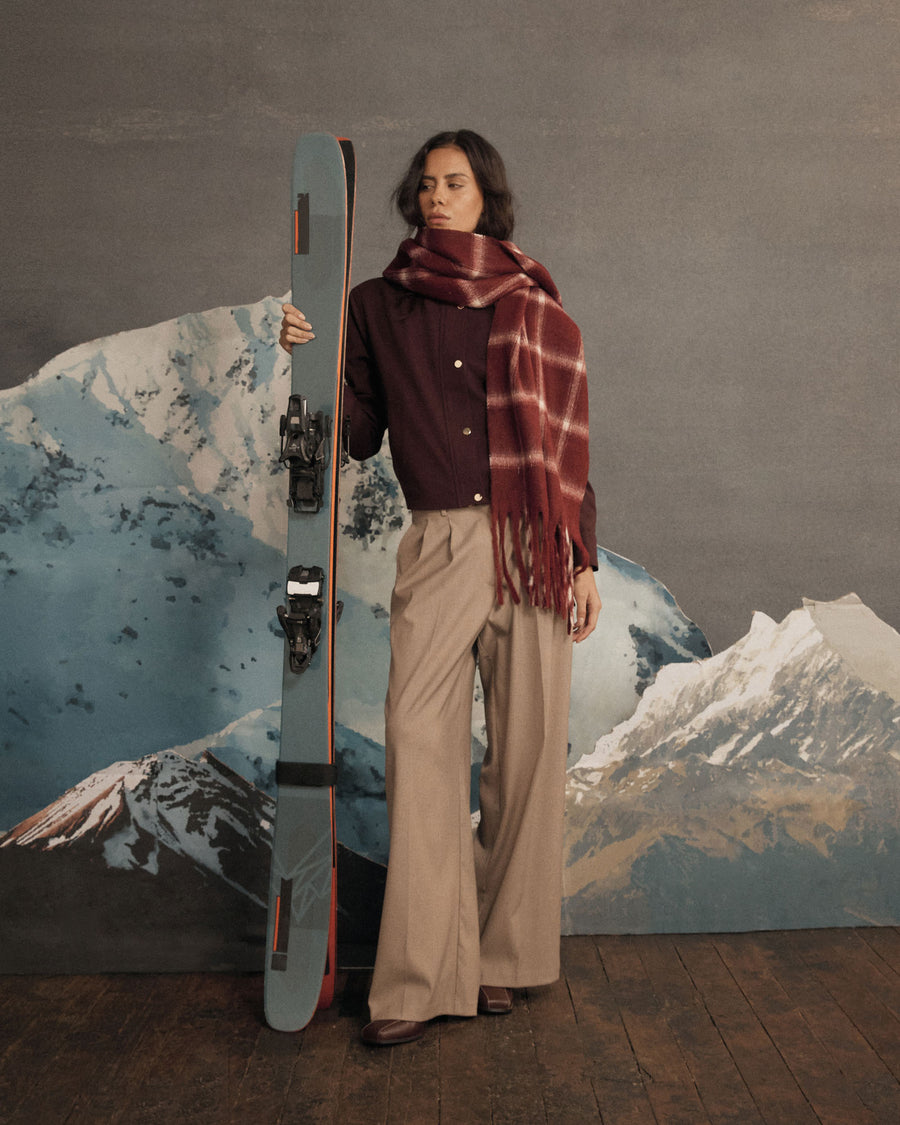 Barossa Check Scarf in dark ruby — full-length view