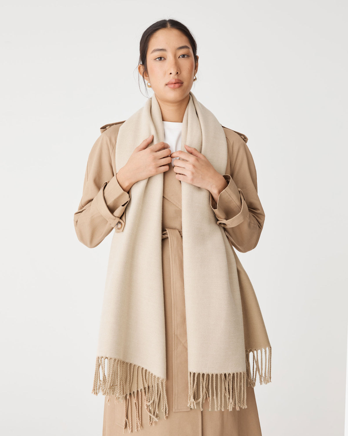 Grace Wool Blend Scarf in camel beige — back view