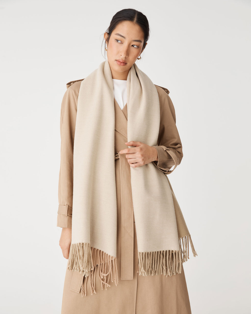 Grace Wool Blend Scarf in camel beige — fabric detail
