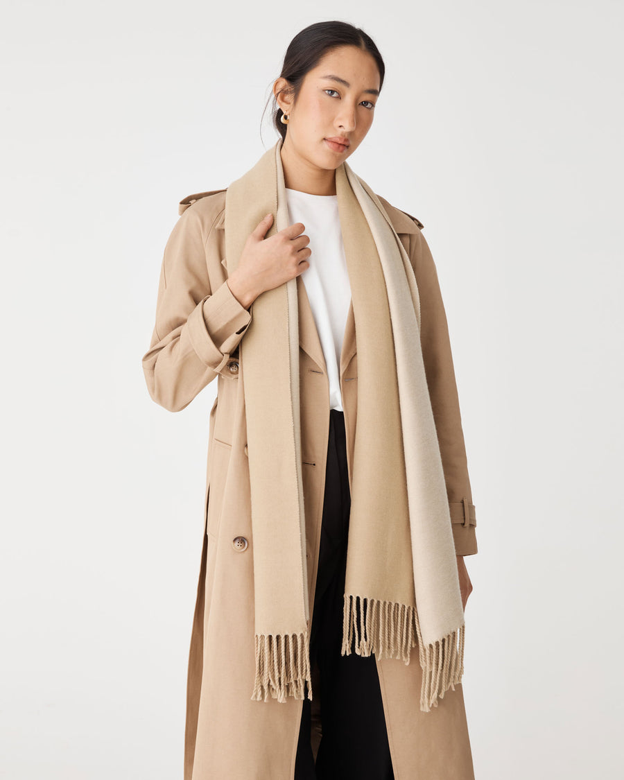 Grace Wool Blend Scarf in camel beige — full-length view