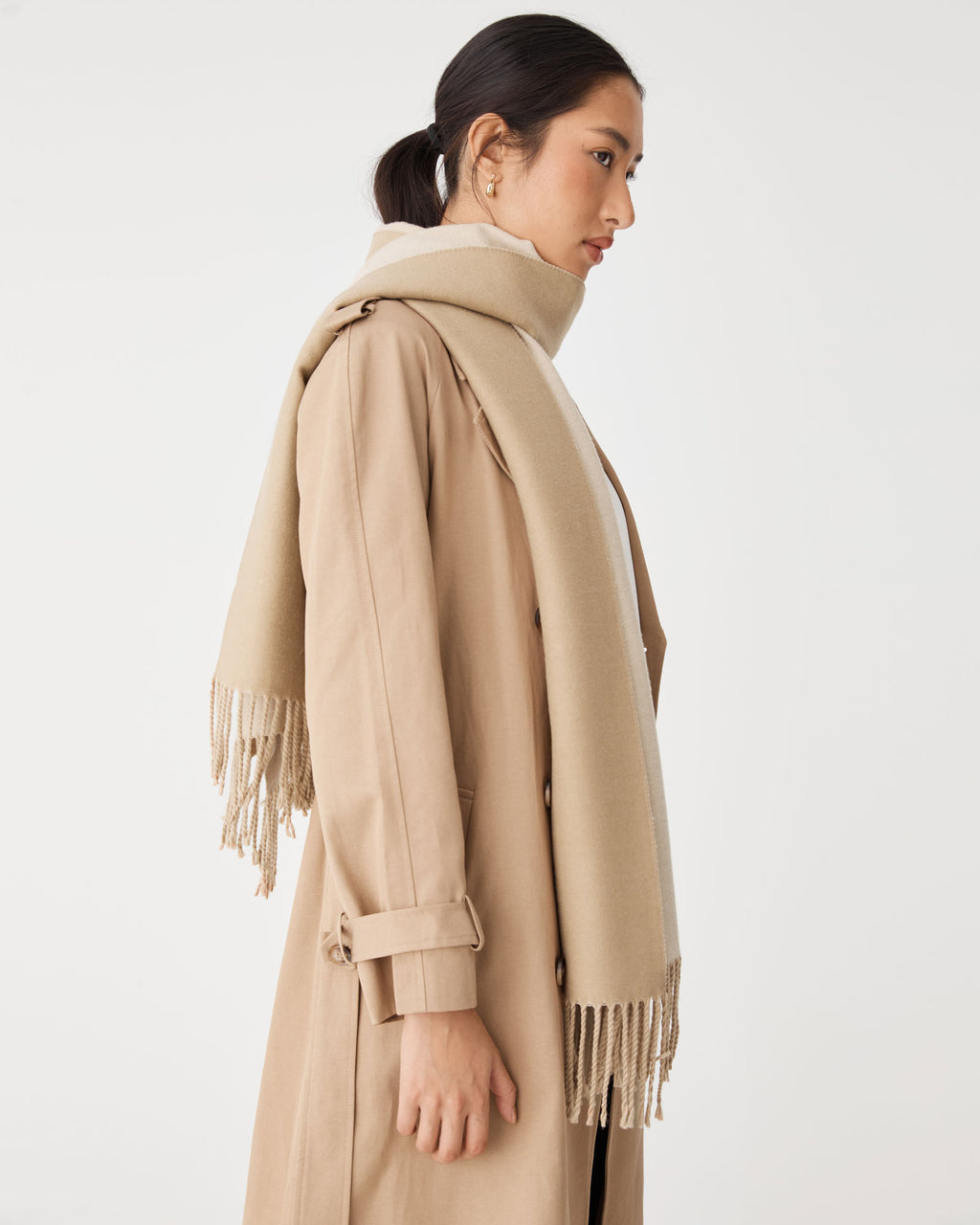 Grace Wool Blend Scarf in camel beige — side view