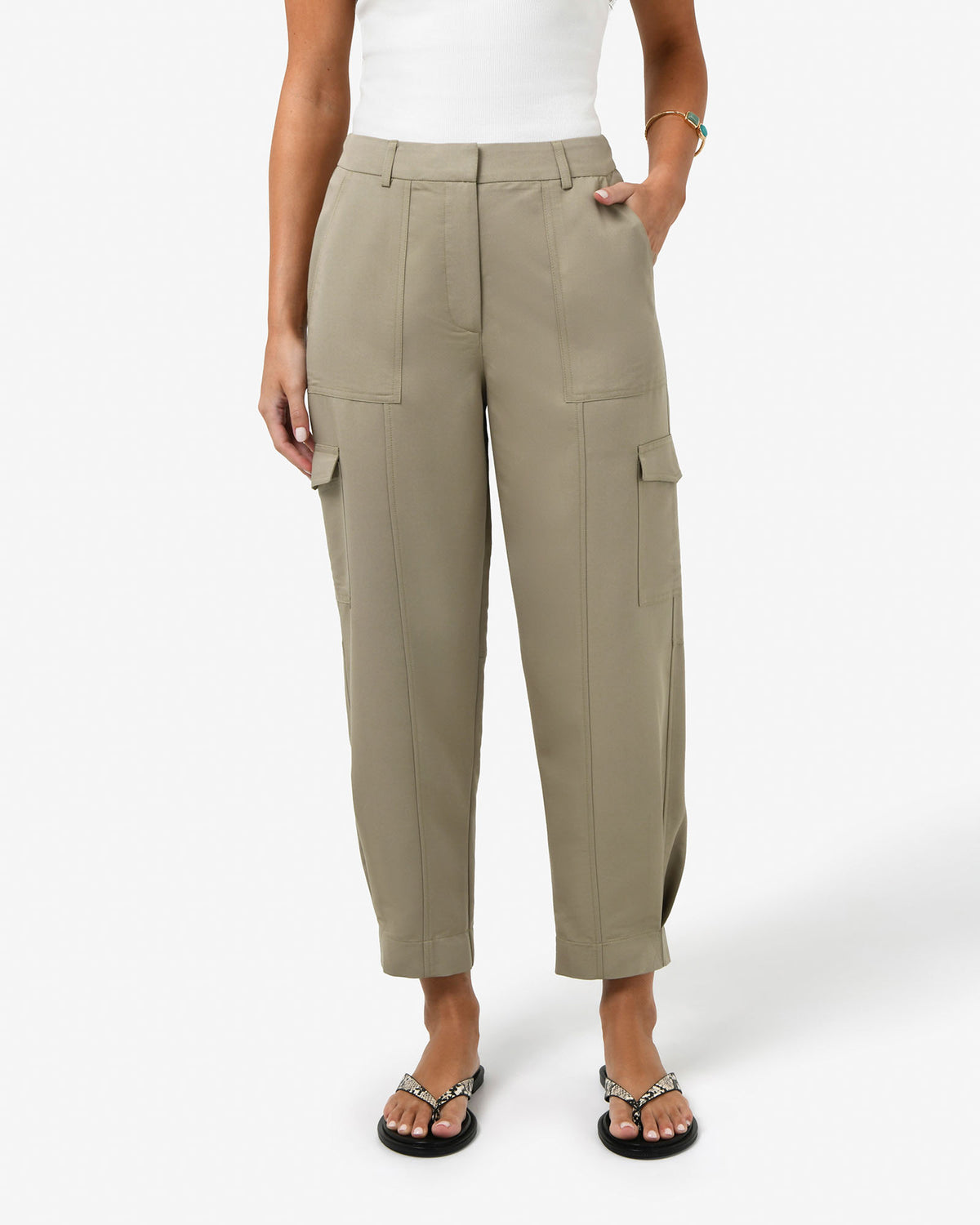 Emiko Cargo Pants in khaki — close-up view