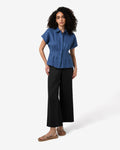 Ami Linen Elastic Back Pants in black — full-length view