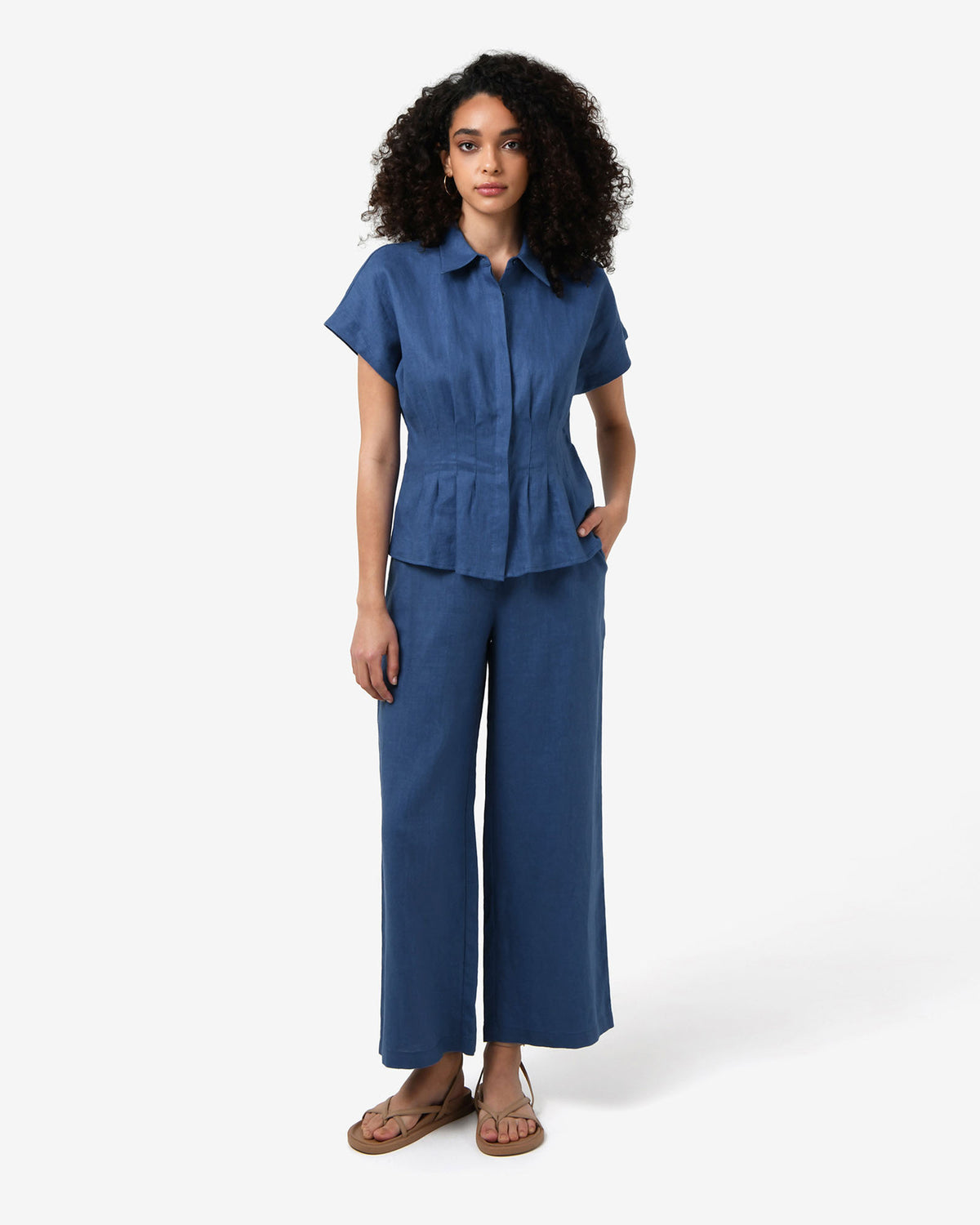 Ami Linen Elastic Back Pants in egyptian blue — full-length view