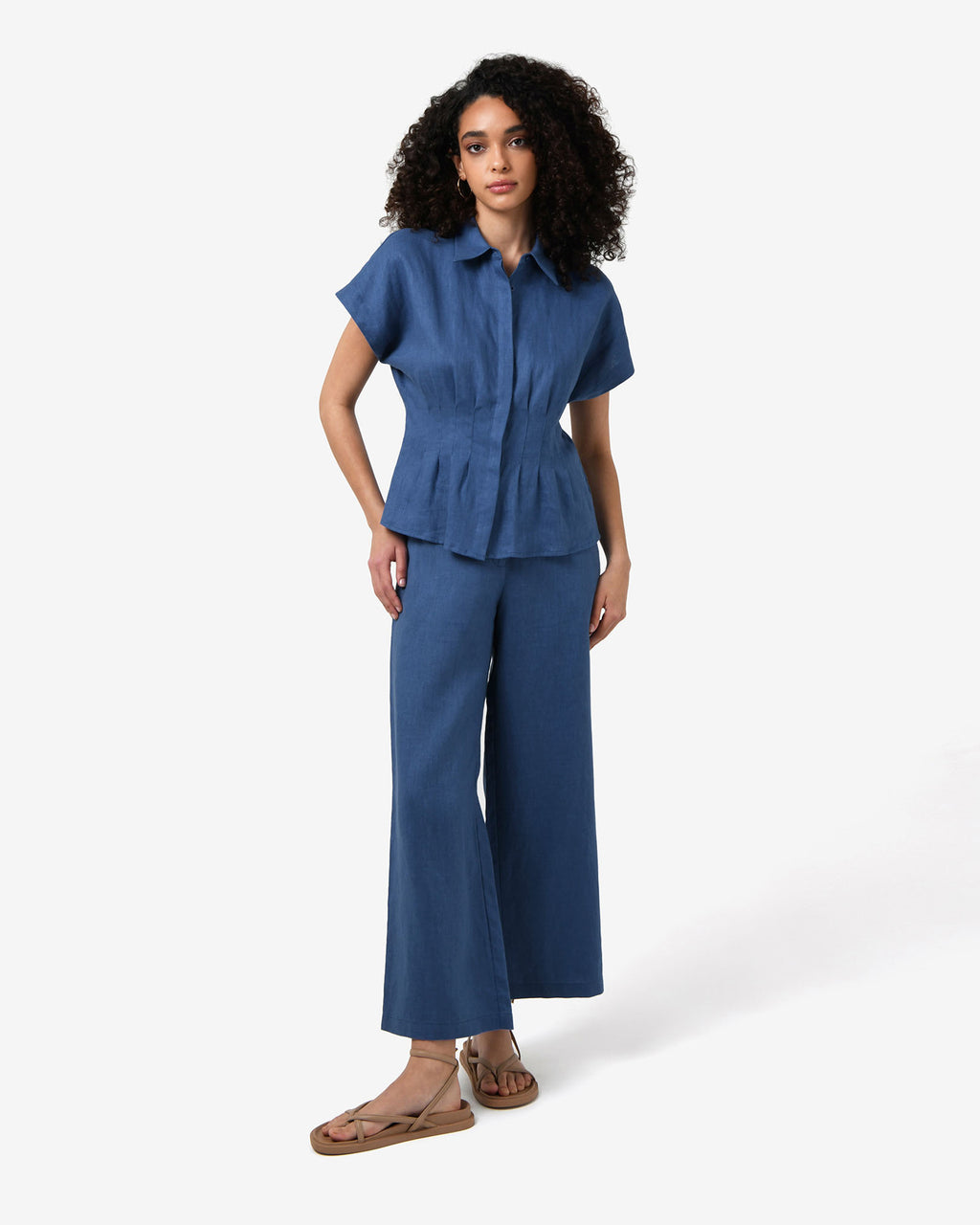 Ami Linen Elastic Back Pants in egyptian blue — full-length view 2