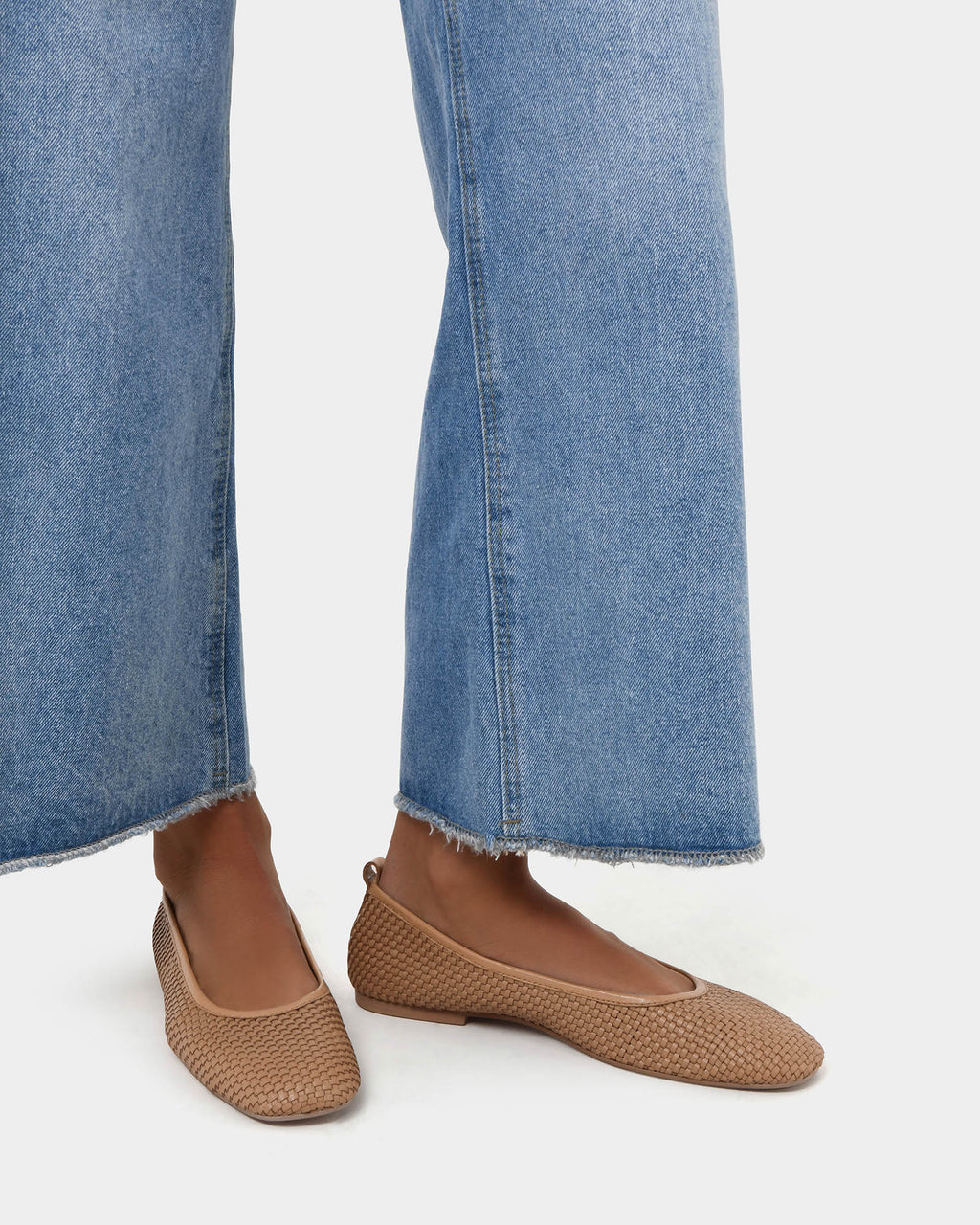 Halina Leather Weave Flat in camel — close-up view