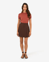 Nikki Mini Wrap Skirt in brown — full-length view