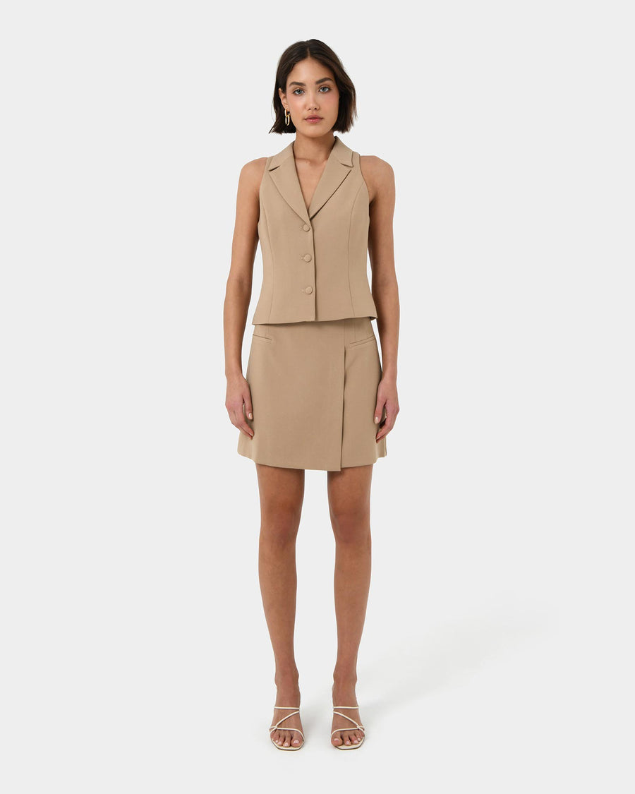 Nikki Mini Wrap Skirt in warm taupe — full-length view