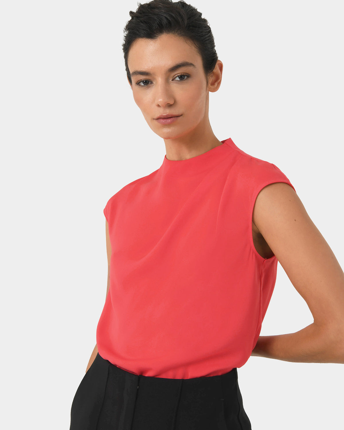 Mallory Draped Shoulder Blouse in hibiscus — close-up view
