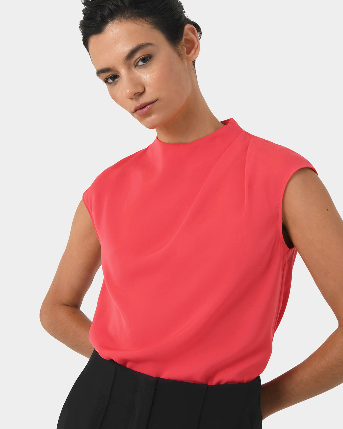 Mallory Draped Shoulder Blouse in hibiscus — close-up view 3