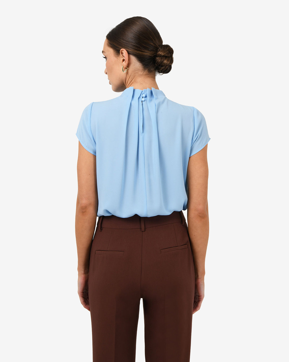 Olivia Pleated High Neck Top in baby blue — back view