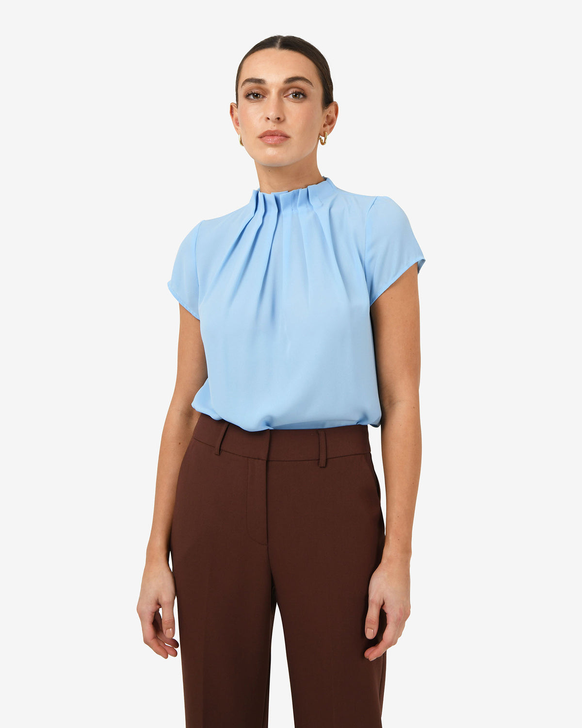 Olivia Pleated High Neck Top in baby blue — close-up view