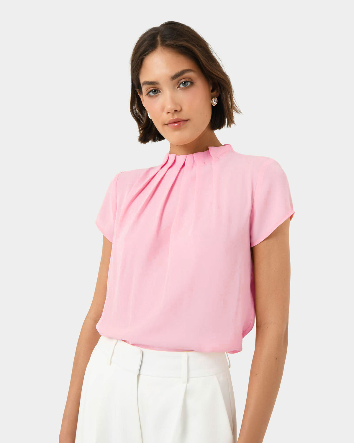 Olivia Pleated High Neck Top in baby pink — close-up view