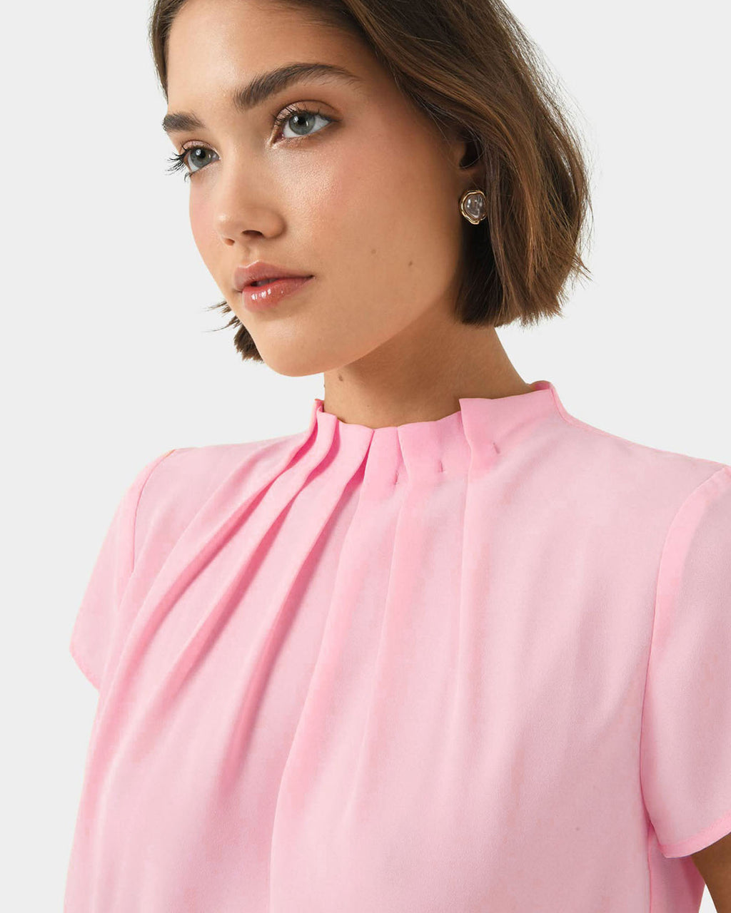 Olivia Pleated High Neck Top in baby pink — fabric detail