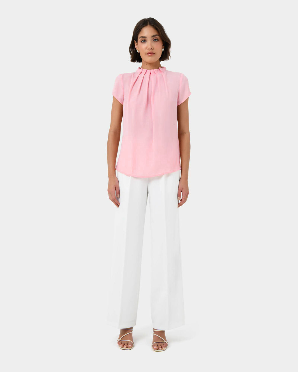 Olivia Pleated High Neck Top in baby pink — full-length view
