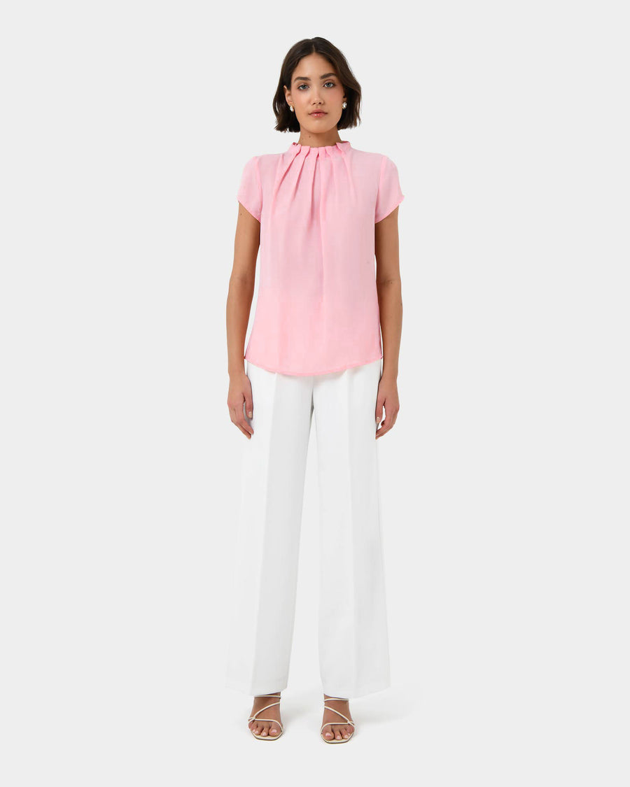 Olivia Pleated High Neck Top in baby pink — full-length view