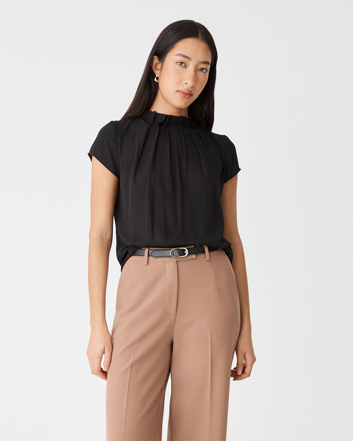Olivia Pleated High Neck Top in black — close-up view