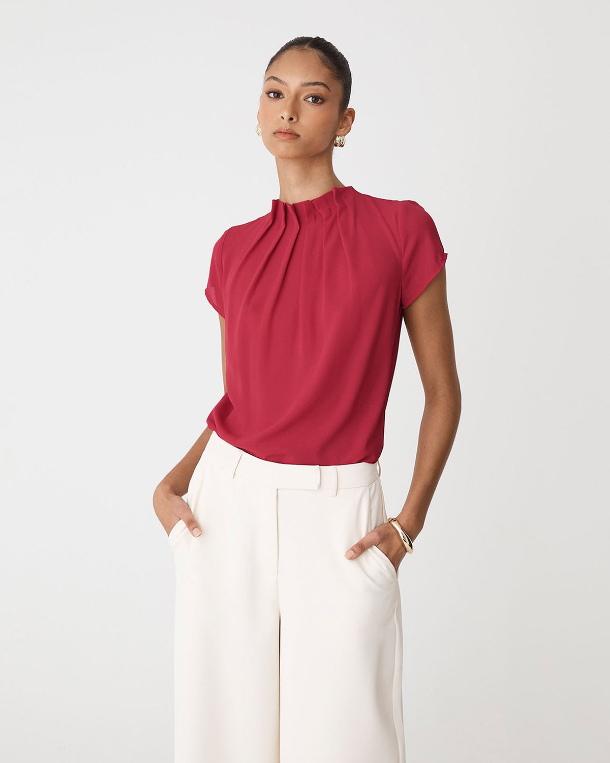 Olivia Pleated High Neck Top in crimson — close-up view 2