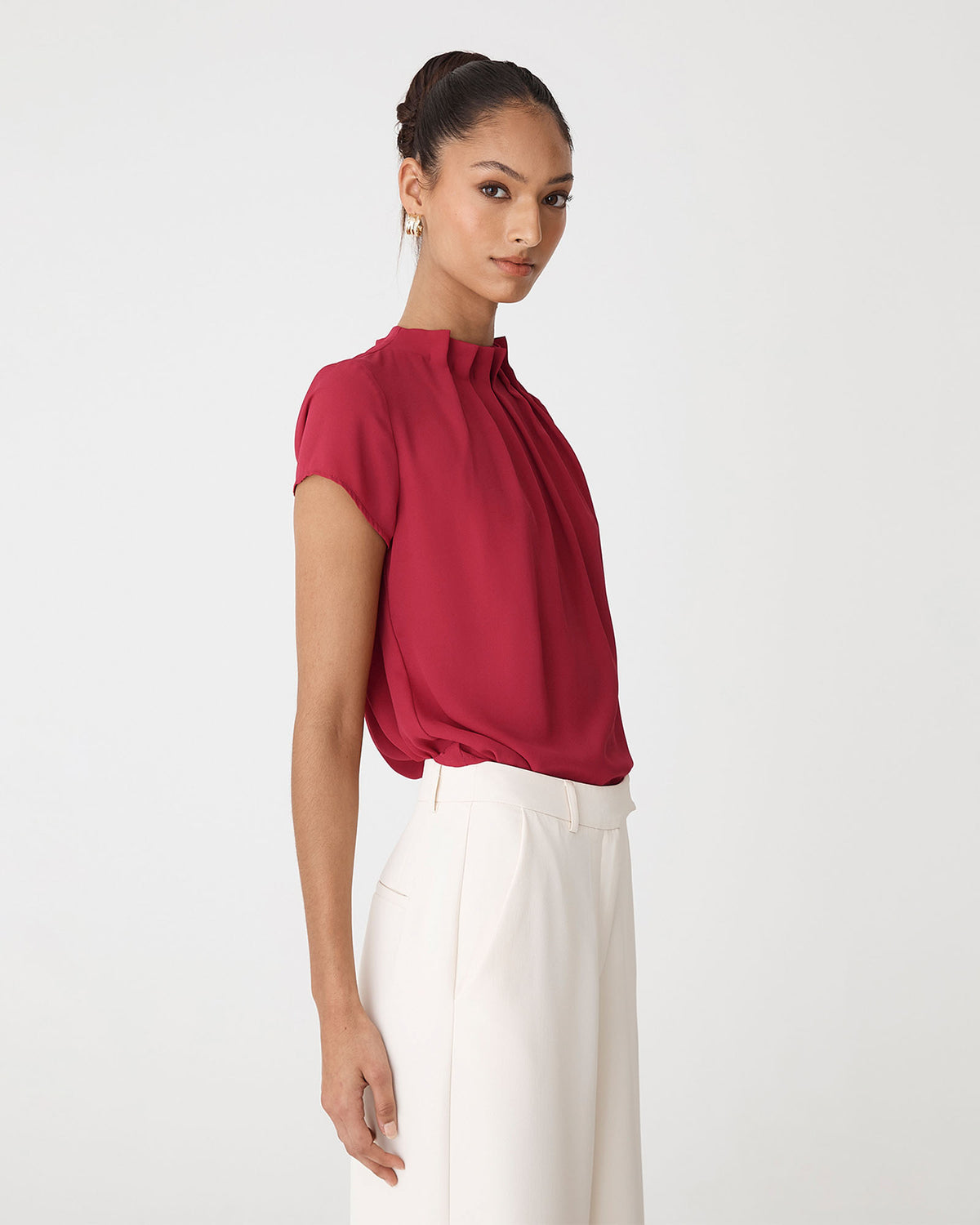 Olivia Pleated High Neck Top in crimson — side view