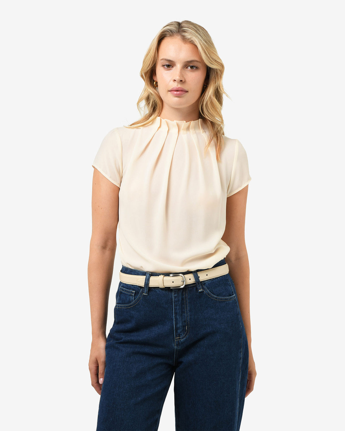 Olivia Pleated High Neck Top in eggshell — close-up view