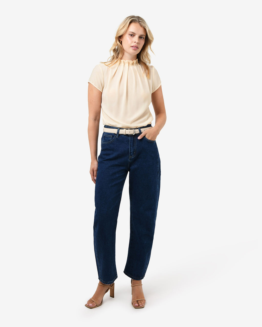 Olivia Pleated High Neck Top in eggshell — full-length view