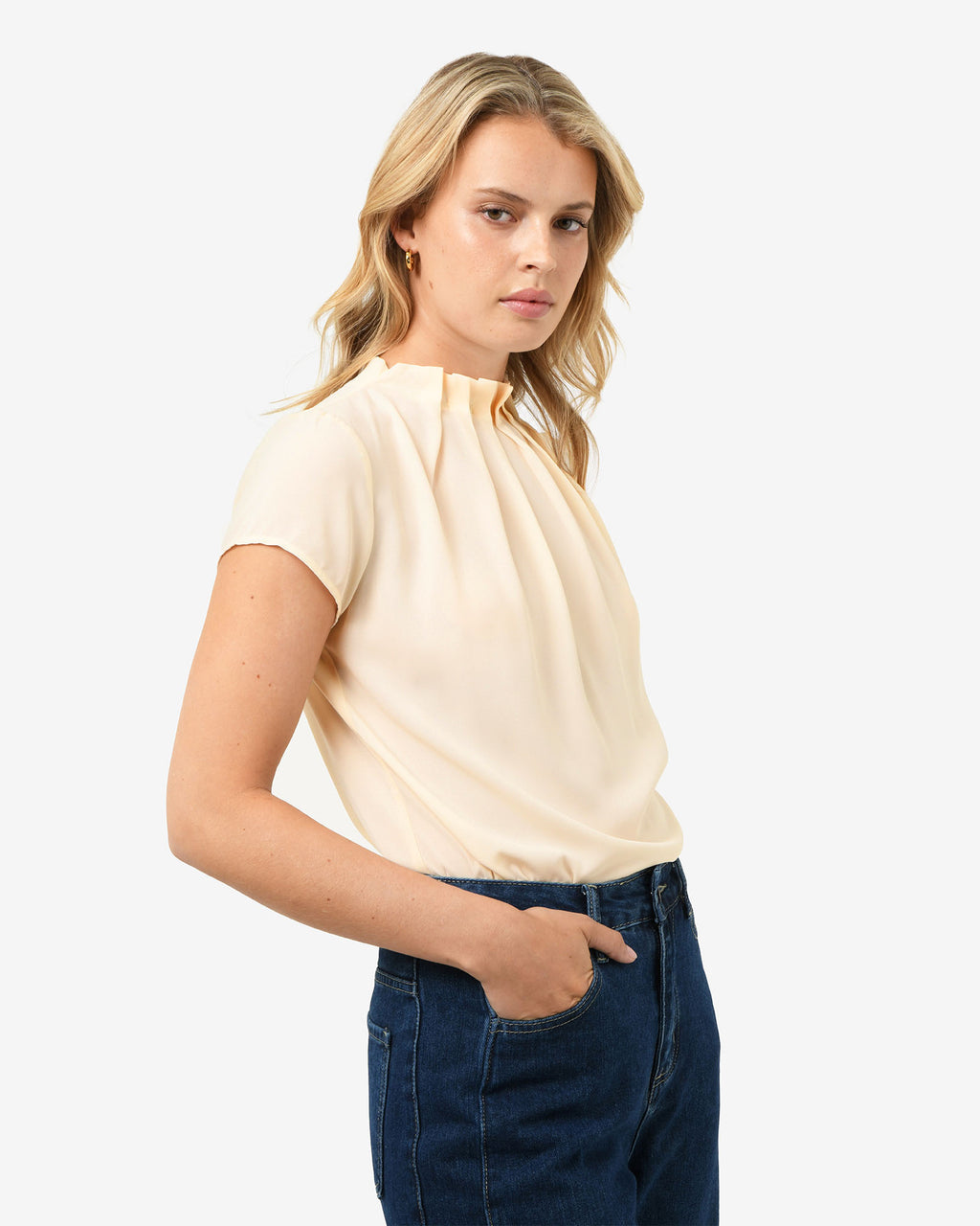 Olivia Pleated High Neck Top in eggshell — side view