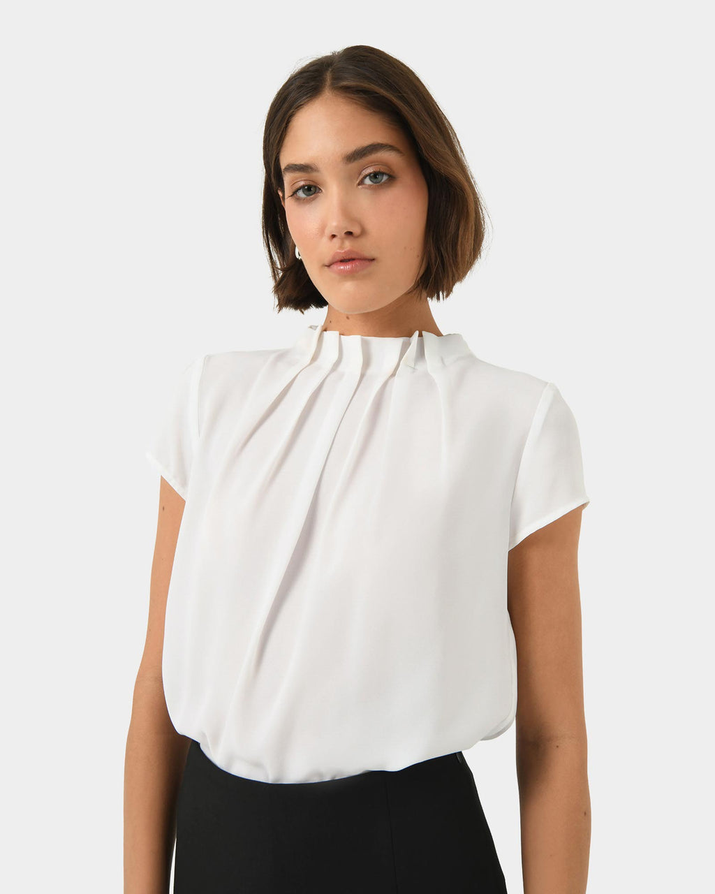 Olivia Pleated High Neck Top in ivory — close-up view