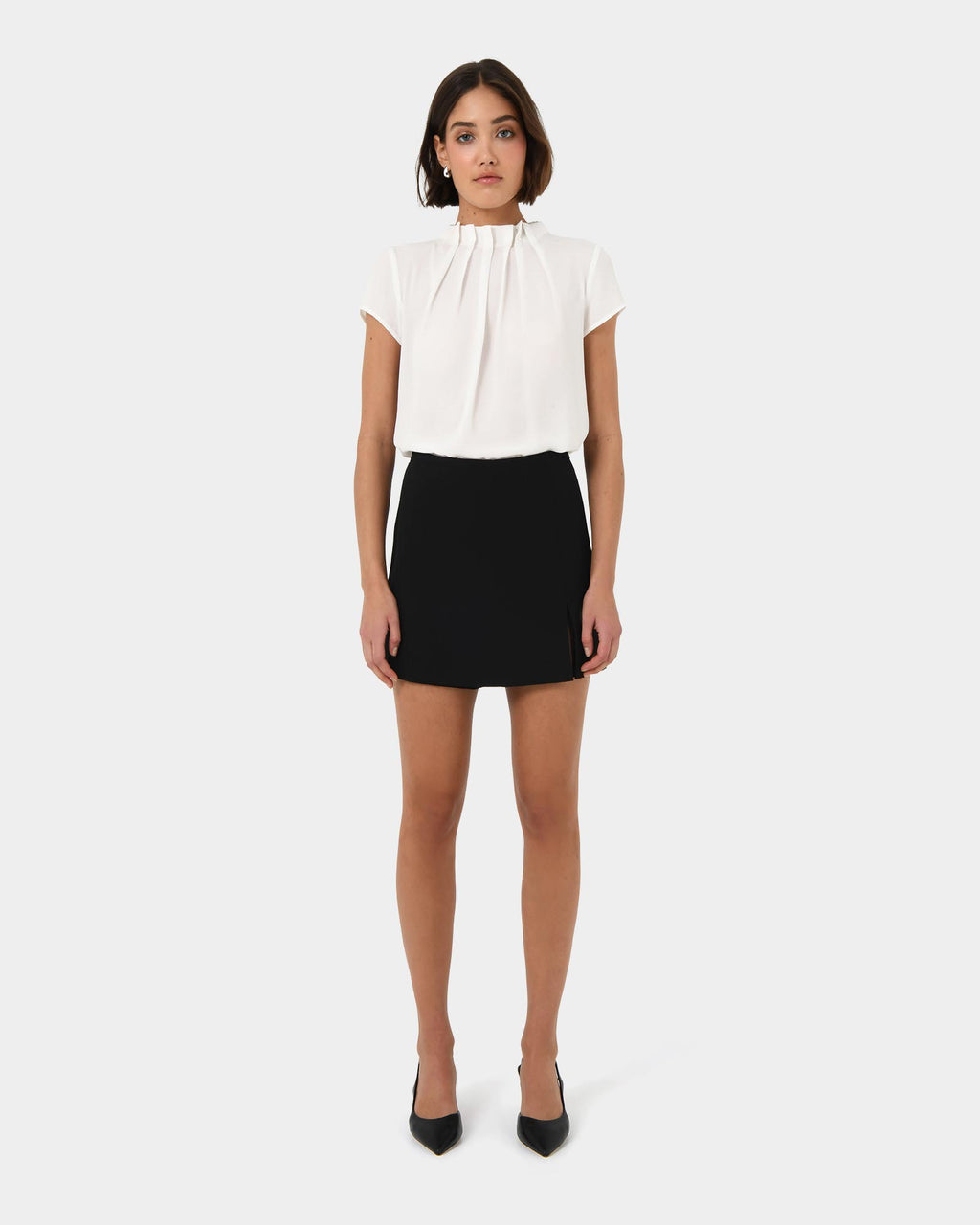 Olivia Pleated High Neck Top in ivory — full-length view