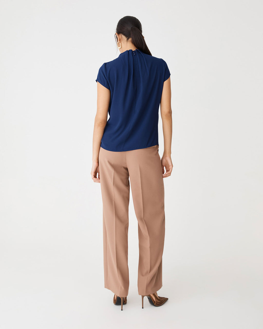 Olivia Pleated High Neck Top in navy — back view