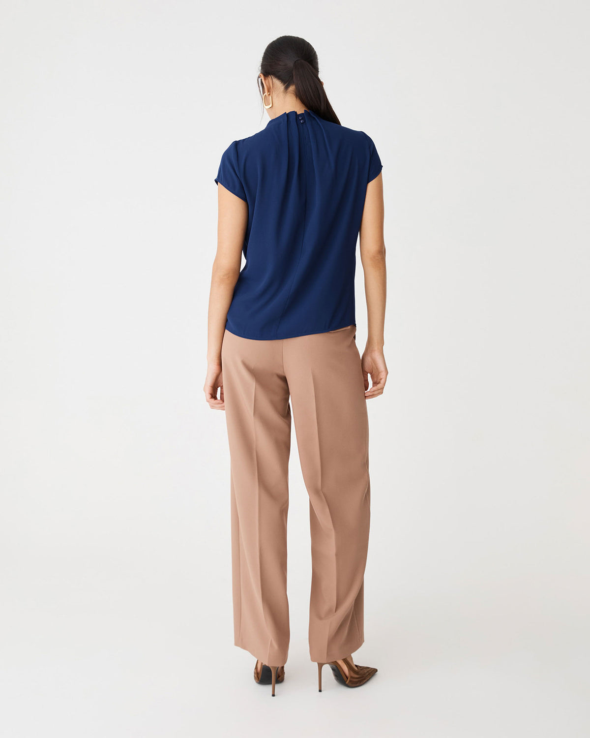 Olivia Pleated High Neck Top in navy — back view