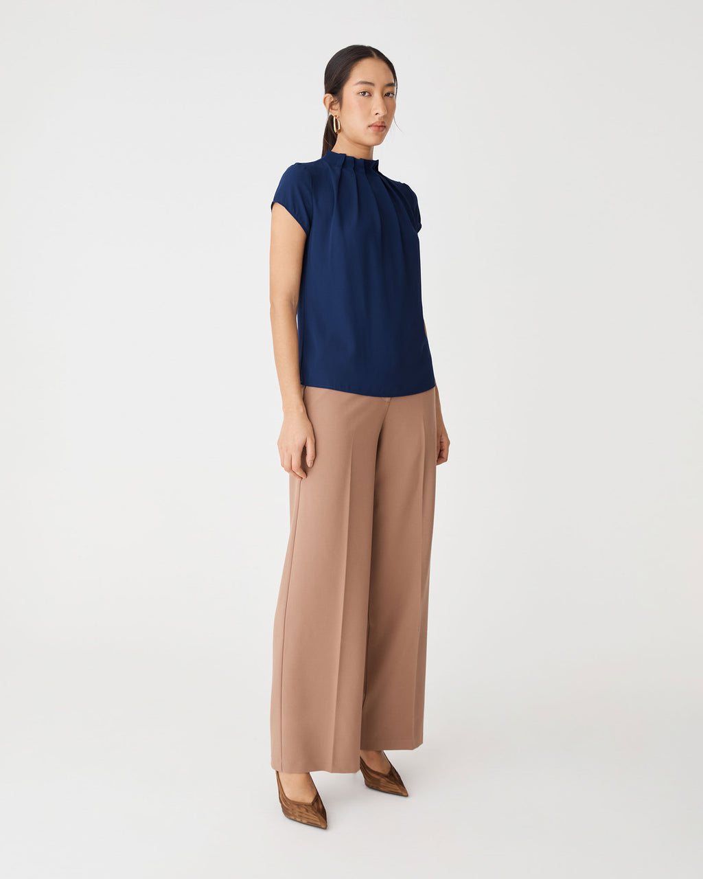 Olivia Pleated High Neck Top in navy — side view