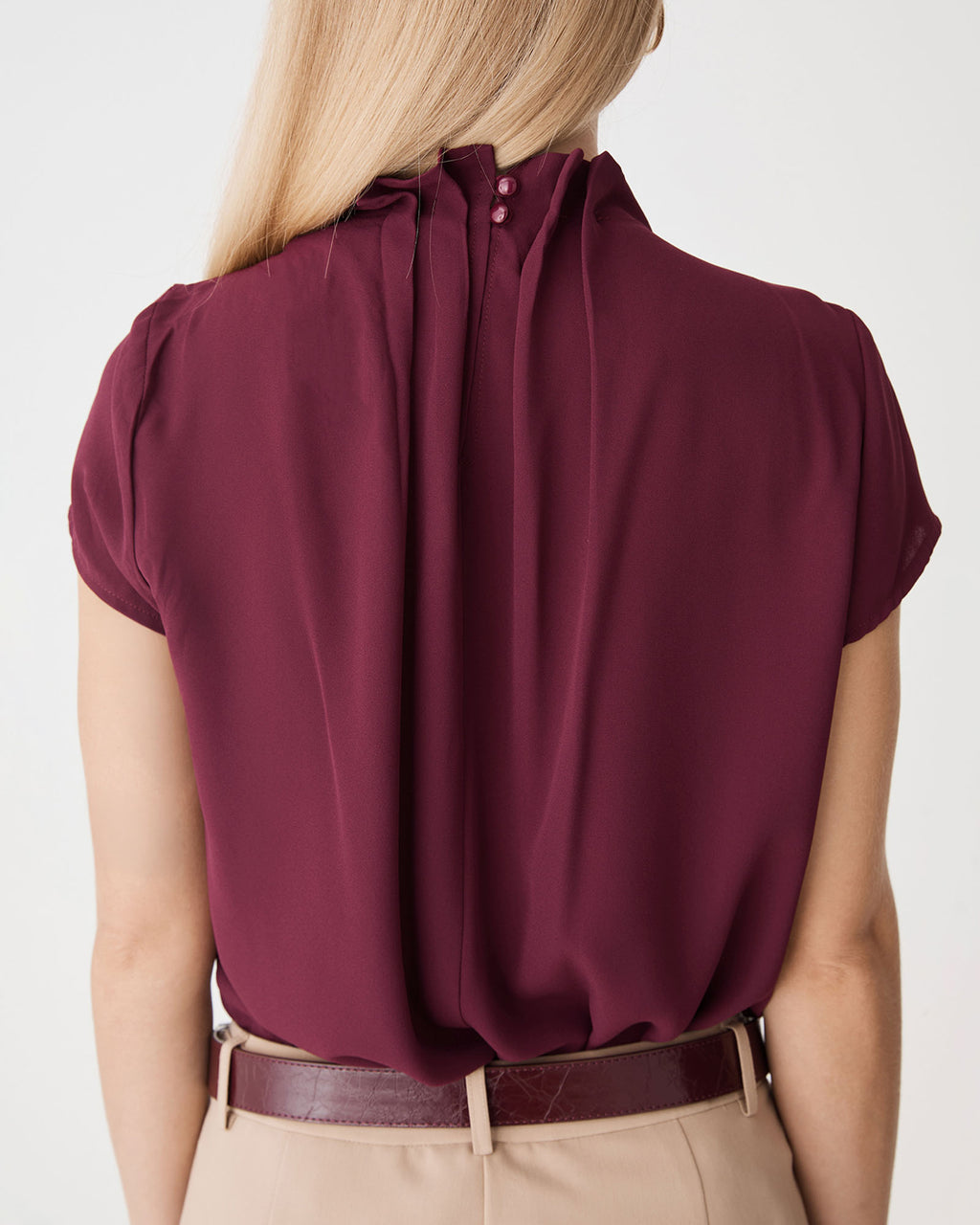 Olivia Pleated High Neck Top in wine — back view