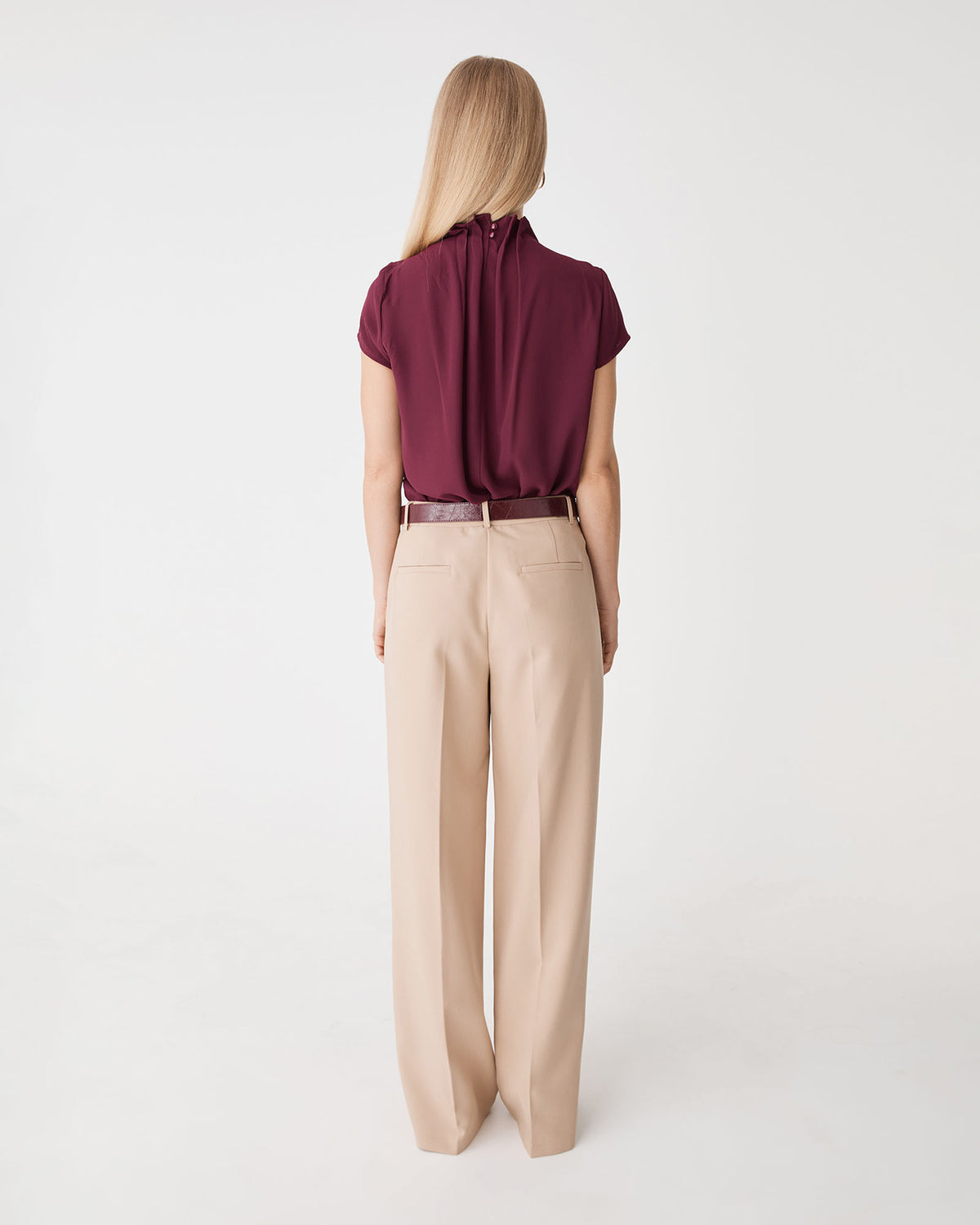 Olivia Pleated High Neck Top in wine — back view 2