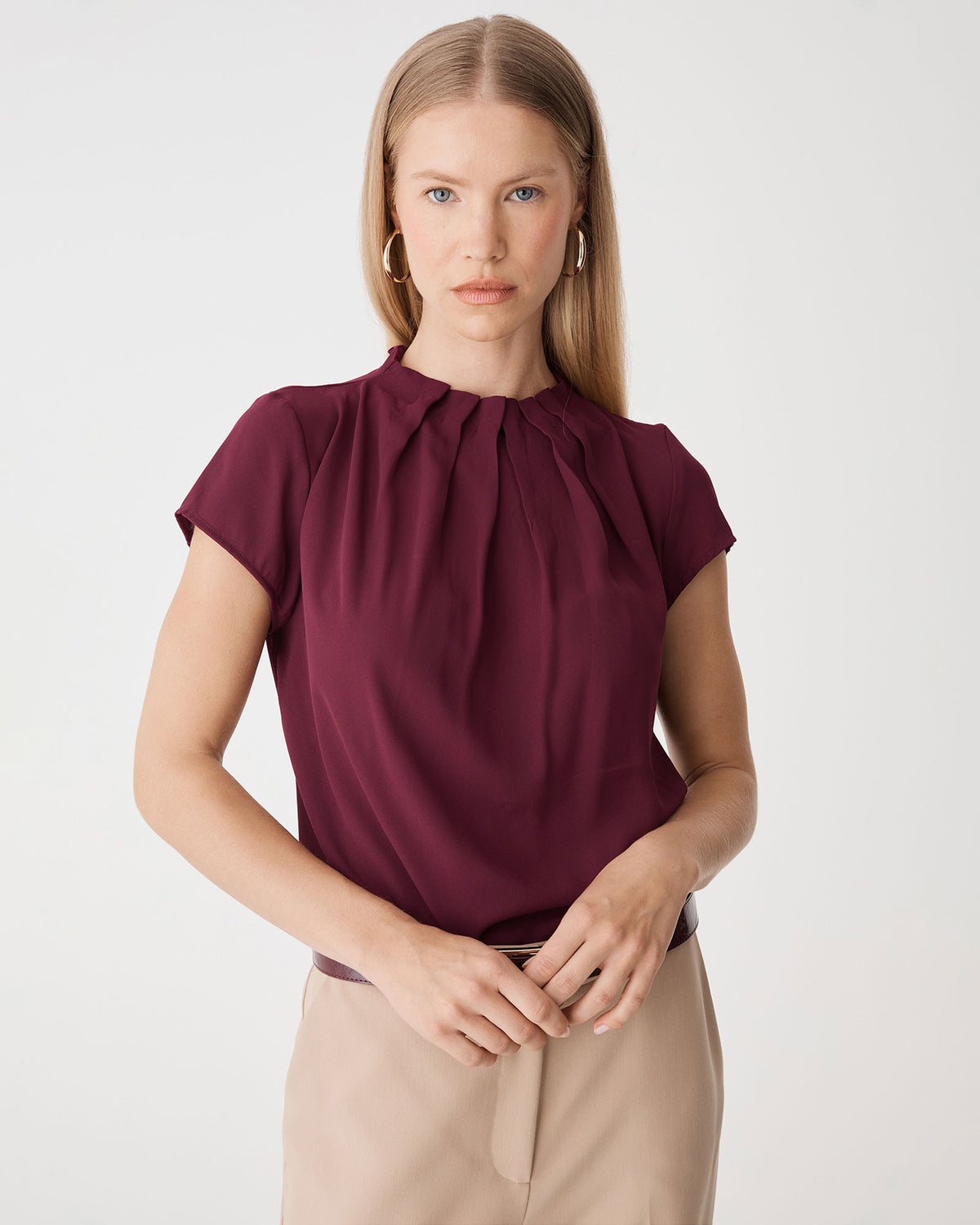 Olivia Pleated High Neck Top in wine — close-up view