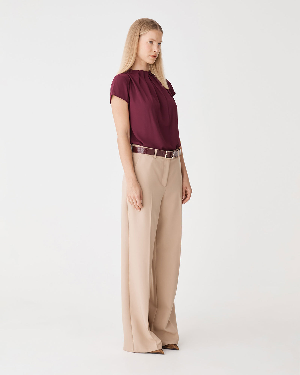Olivia Pleated High Neck Top in wine — side view