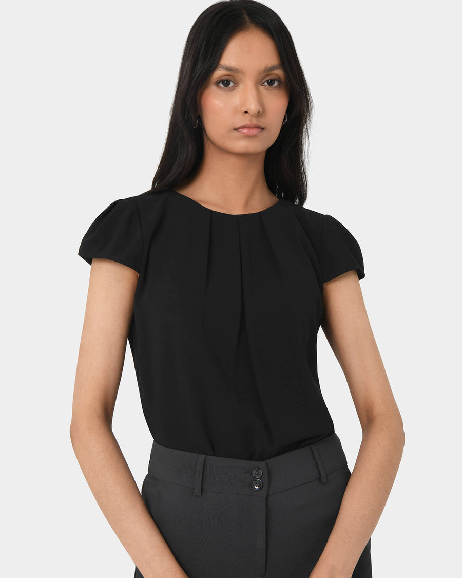 Tamera Pleated Round Neck Top in black — close-up view