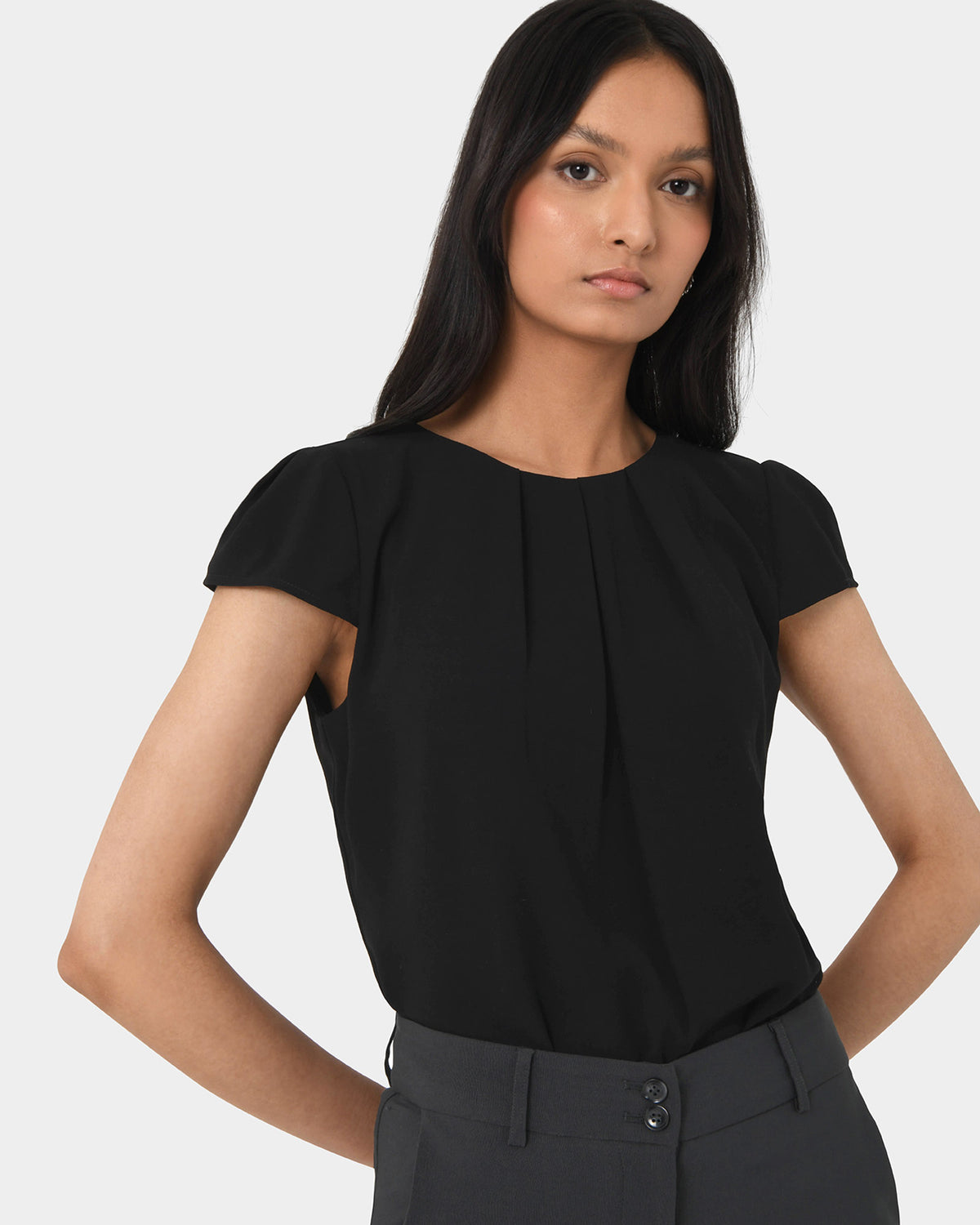 Tamera Pleated Round Neck Top in black — close-up view 2