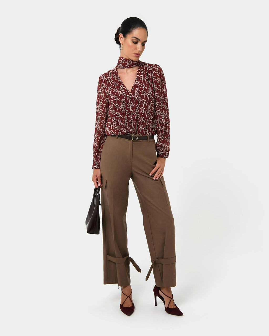 Rema Floral Tie Blouse in red floral — full-length view